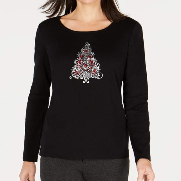 Karen Scott Tops - Karen Scott Embellished Christmas Tree Black Top